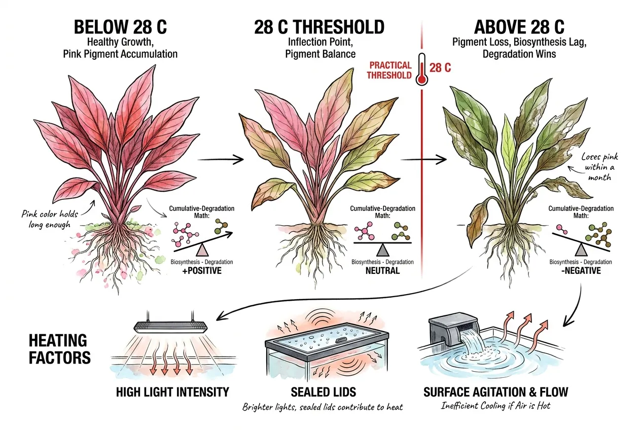 Aquarium thermometer reading 28 °C beside a fading pink Cryptocoryne