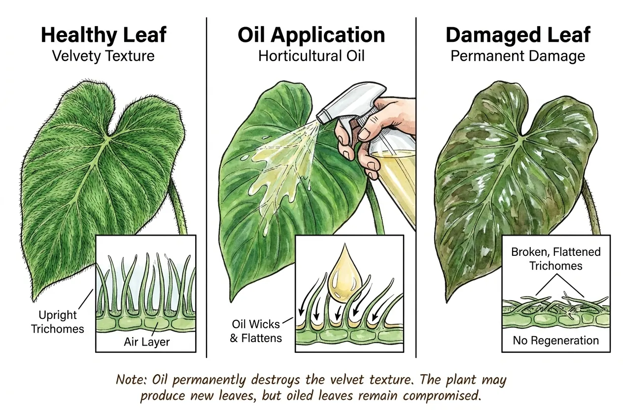 Conceptual illustration of matted leaf hairs after oil contact on a velvet Philodendron leaf.