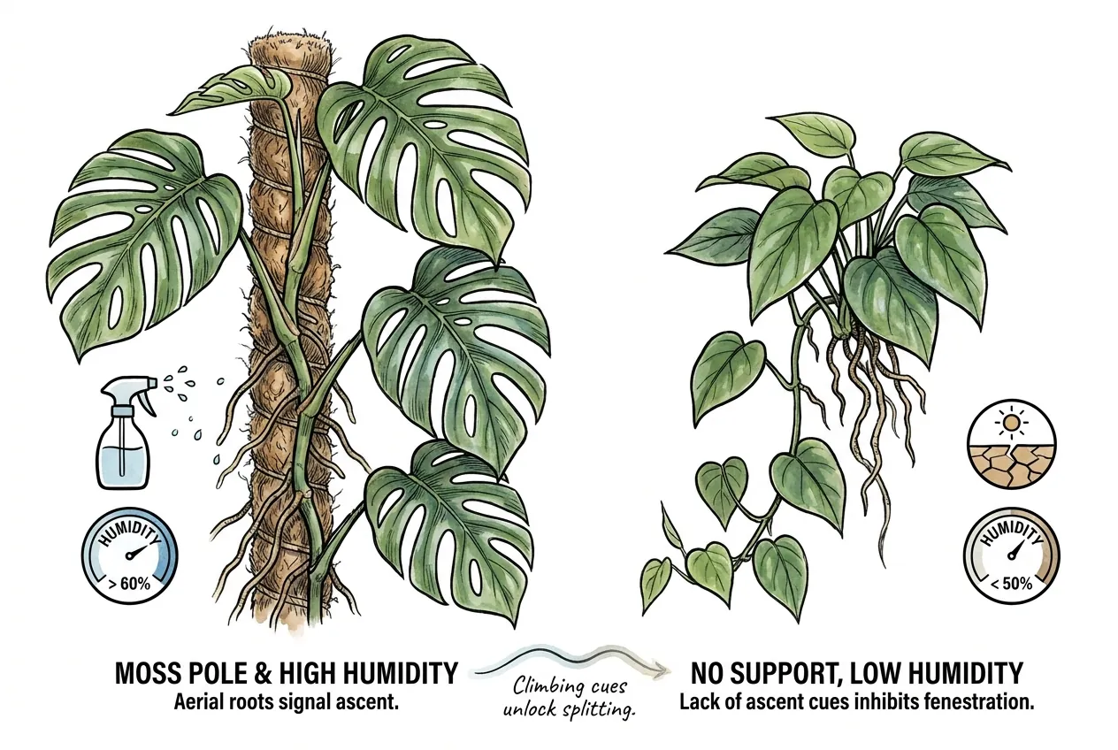 Illustration of aerial roots gripping a support pole as an aroid vine climbs; humidity figures shown are comfort ranges, not measured fenestration thresholds