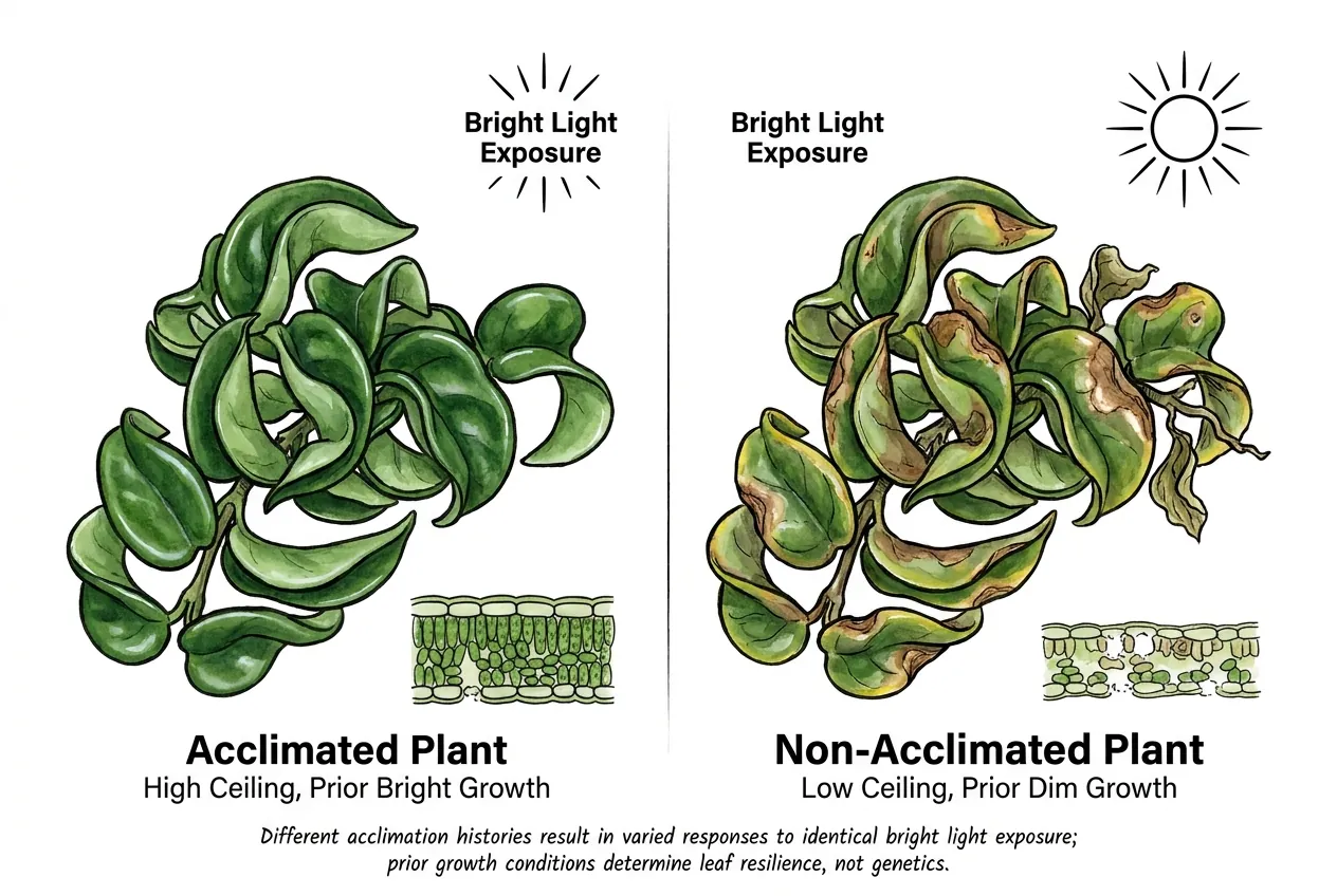 Illustration of a low-light Hoya scorching while a bright-grown plant stays healthy
