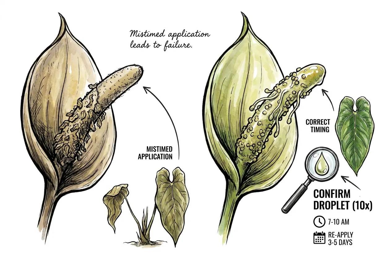 Illustration contrasting a receptive Anthurium spadix with a glistening, sticky stigmatic surface against a dry, non-receptive stigma