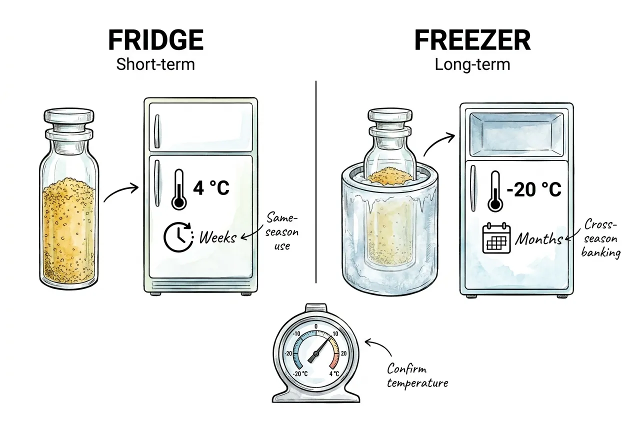 Decision illustration showing a 4 °C fridge and a -20 °C freezer, with a vial pictured in an open cup and an analog meter