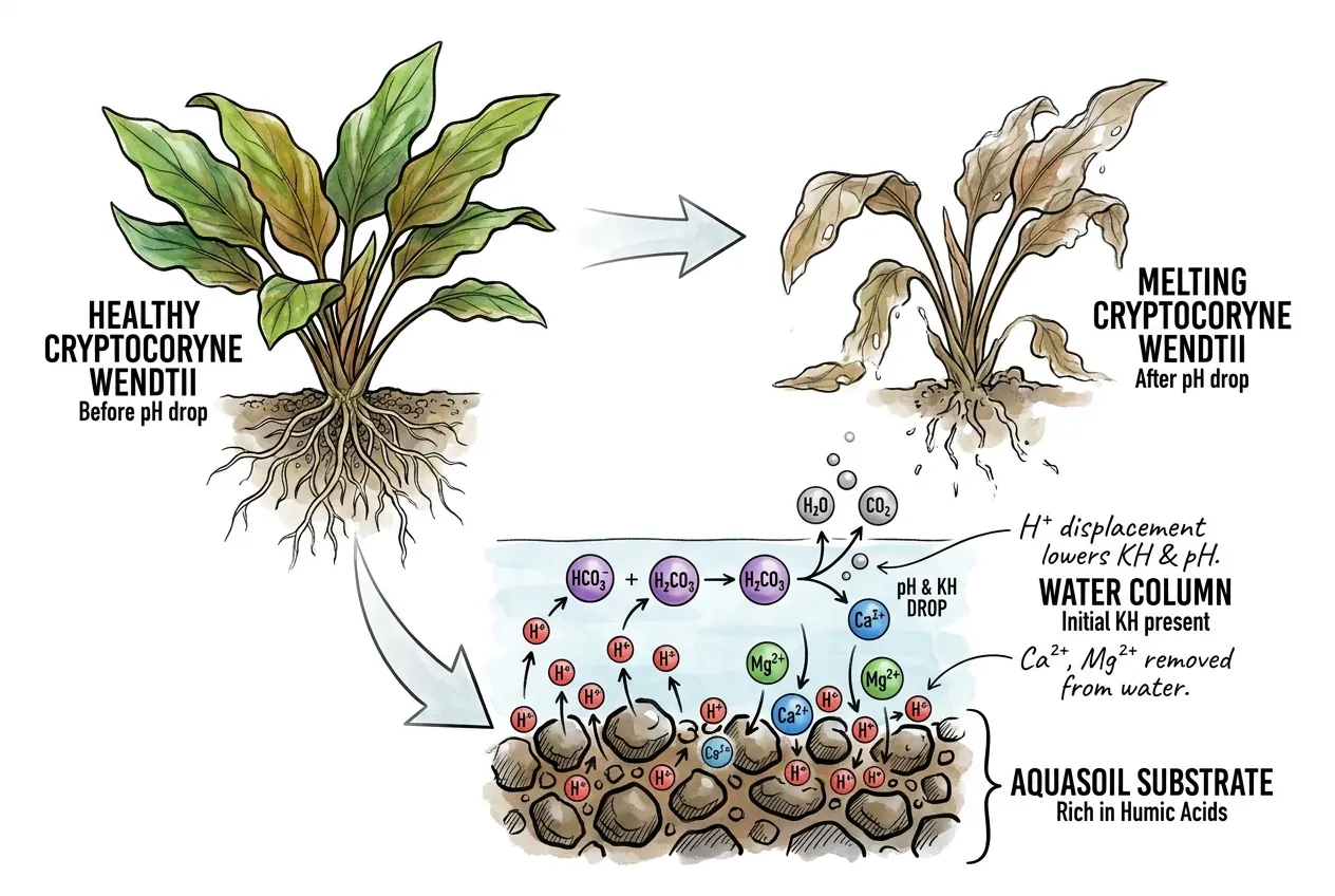 Humic acid carboxyl groups releasing H+ and trapping calcium ions in Aquasoil