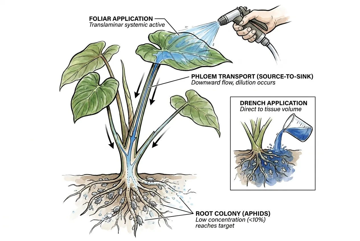 Conceptual diagram of a systemic active moving through a plant after uptake.