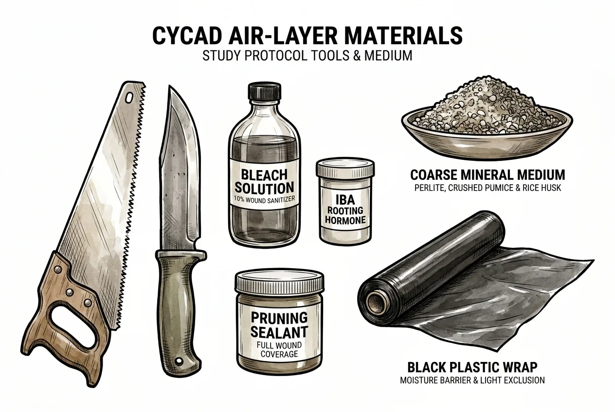 Illustration of air-layering supplies including knife, sphagnum, and wrap
