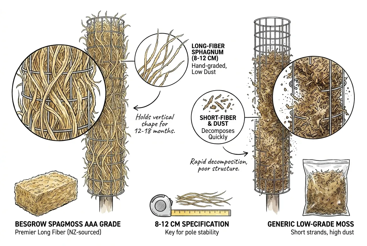 Clean long-fiber sphagnum compared with a lower-grade, shorter, dustier moss