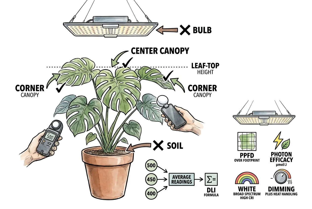 PAR meter taking PPFD readings at the center and corners of a canopy under a grow light