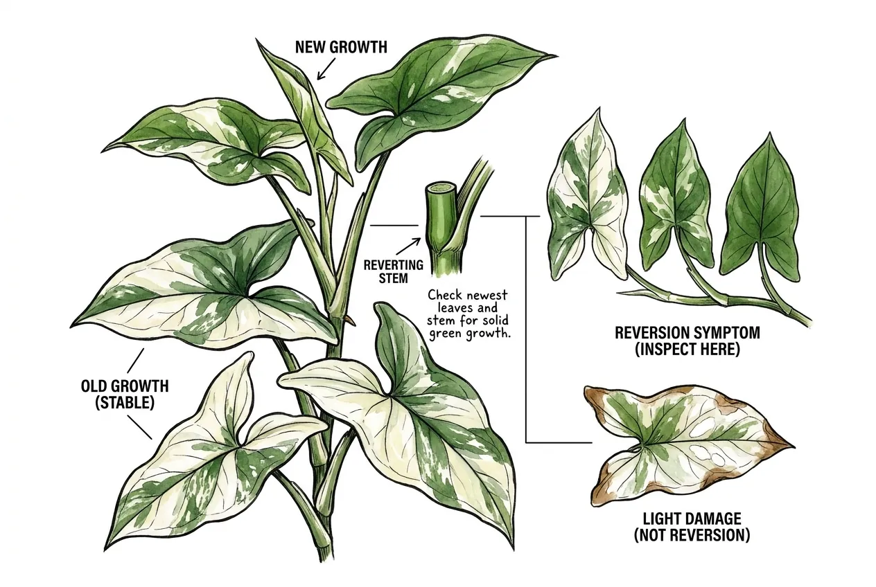 Conceptual illustration comparing the newest Syngonium leaves and their node against older leaves when inspecting for reversion