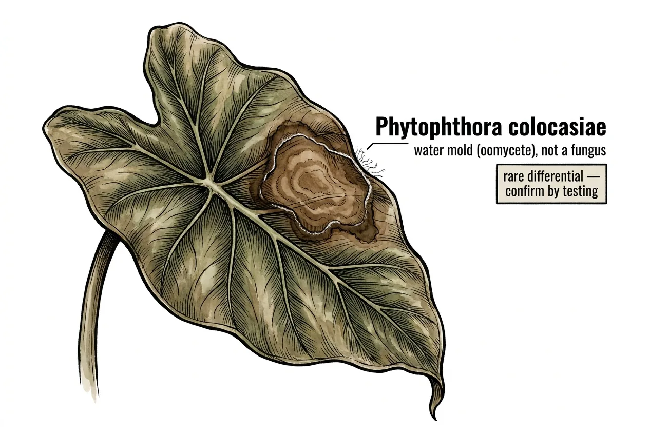 Diagram of a leaf lesion, used to discuss Phytophthora colocasiae