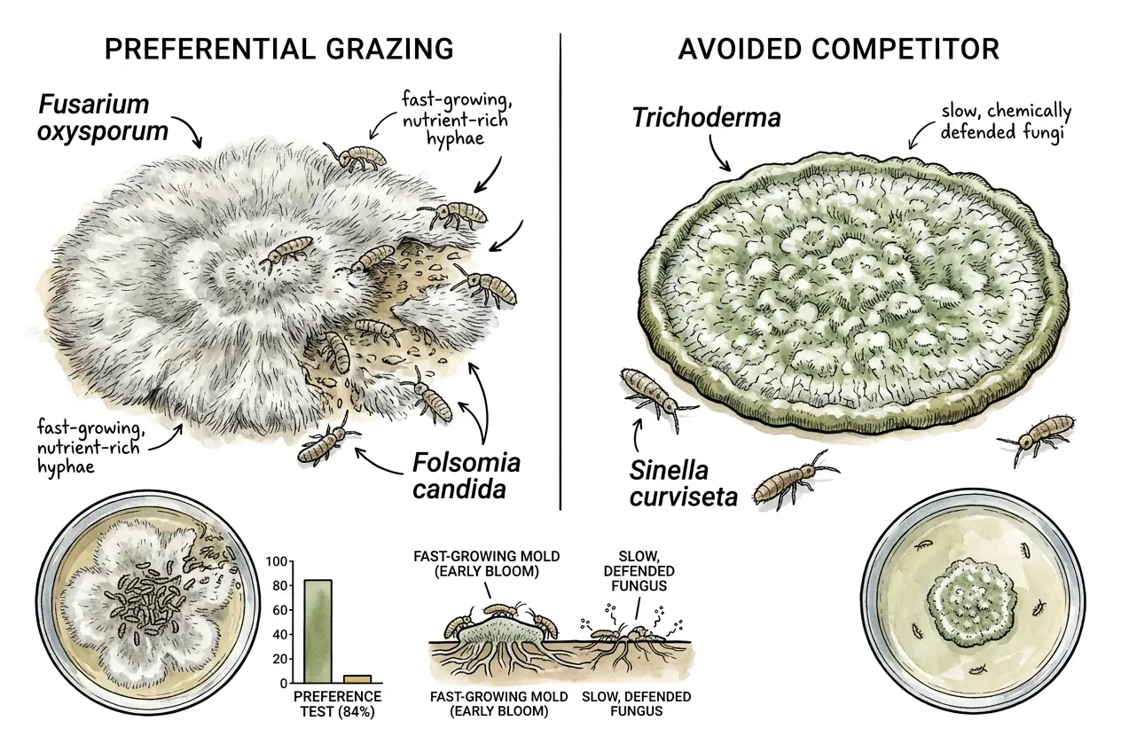 Diagram of a springtail feeding preference between two fungi in a laboratory assay