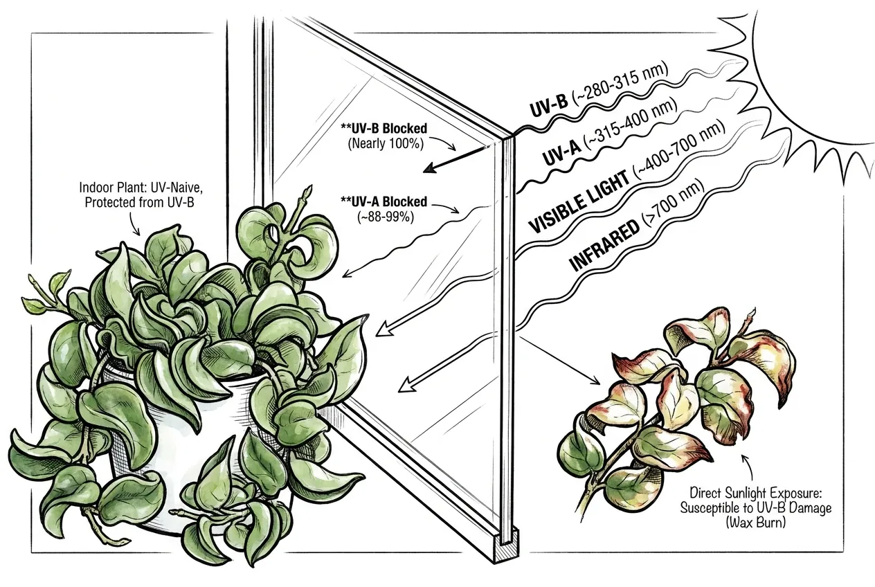 Illustration of window glass blocking UV-B while visible light passes through