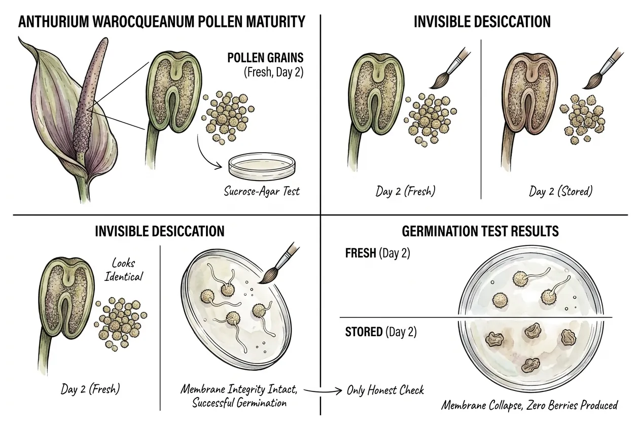 Illustration of cream-yellow pollen on a sugar-solution germination slide with a few pollen tubes emerging, shown as a schematic
