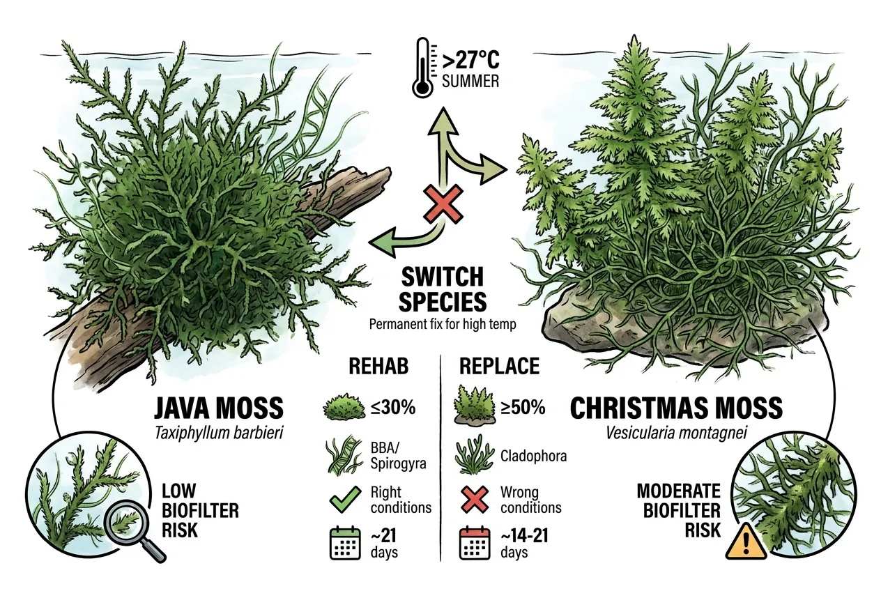 Hands replacing one moss carpet with another on driftwood