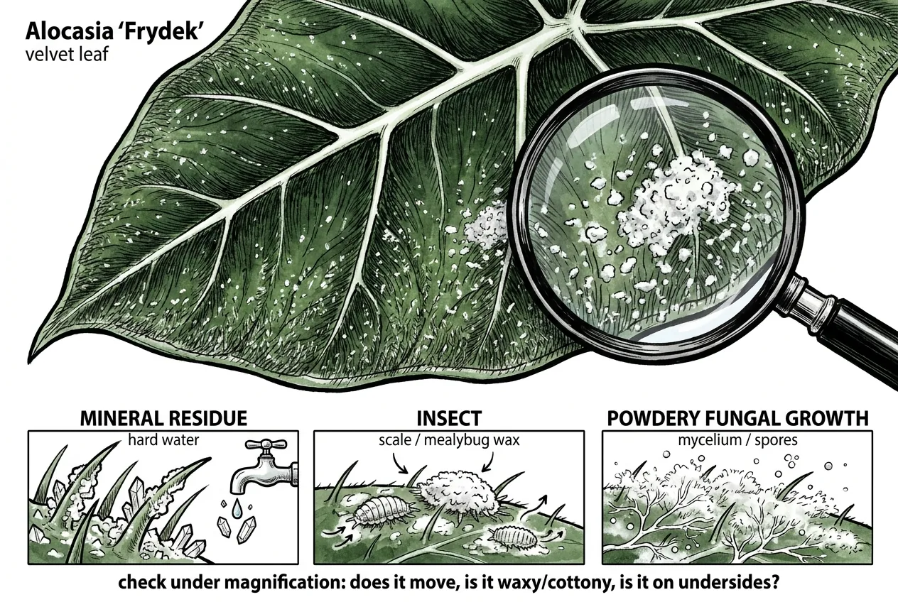 Diagram of white deposits on a velvet leaf surface