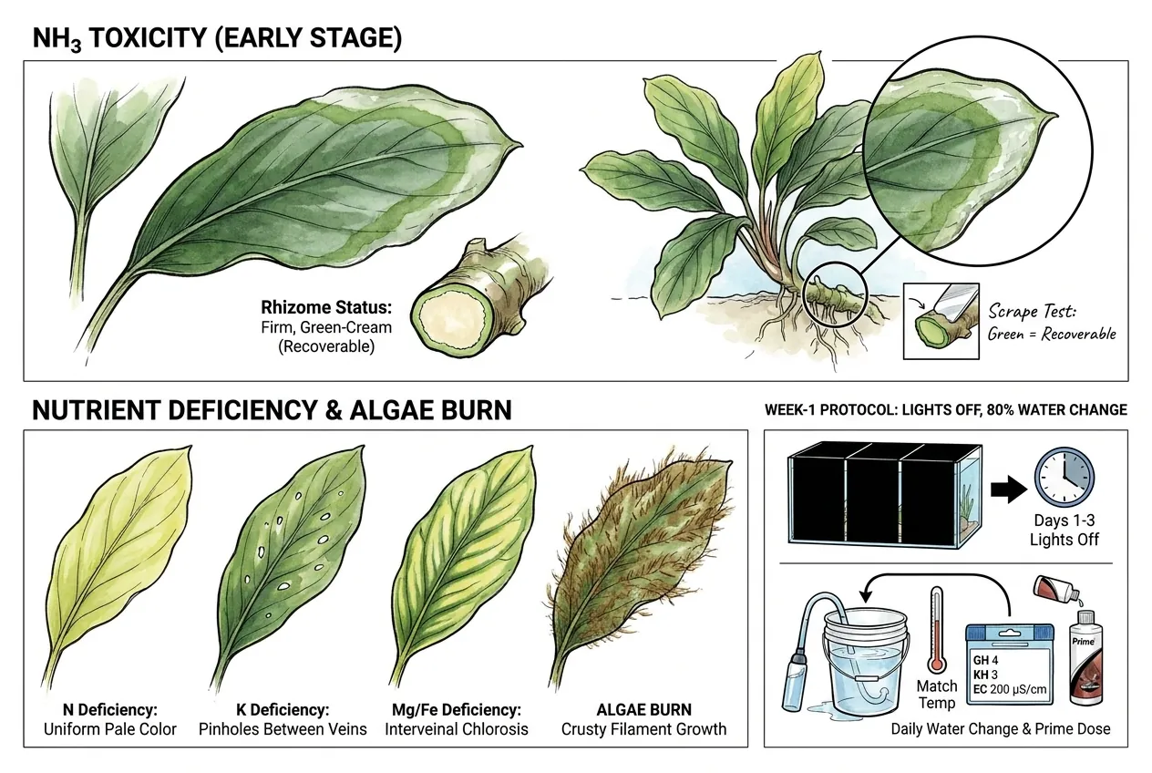 Bucephalandra leaf edge translucence from NH3 burn versus interveinal chlorosis deficiency.