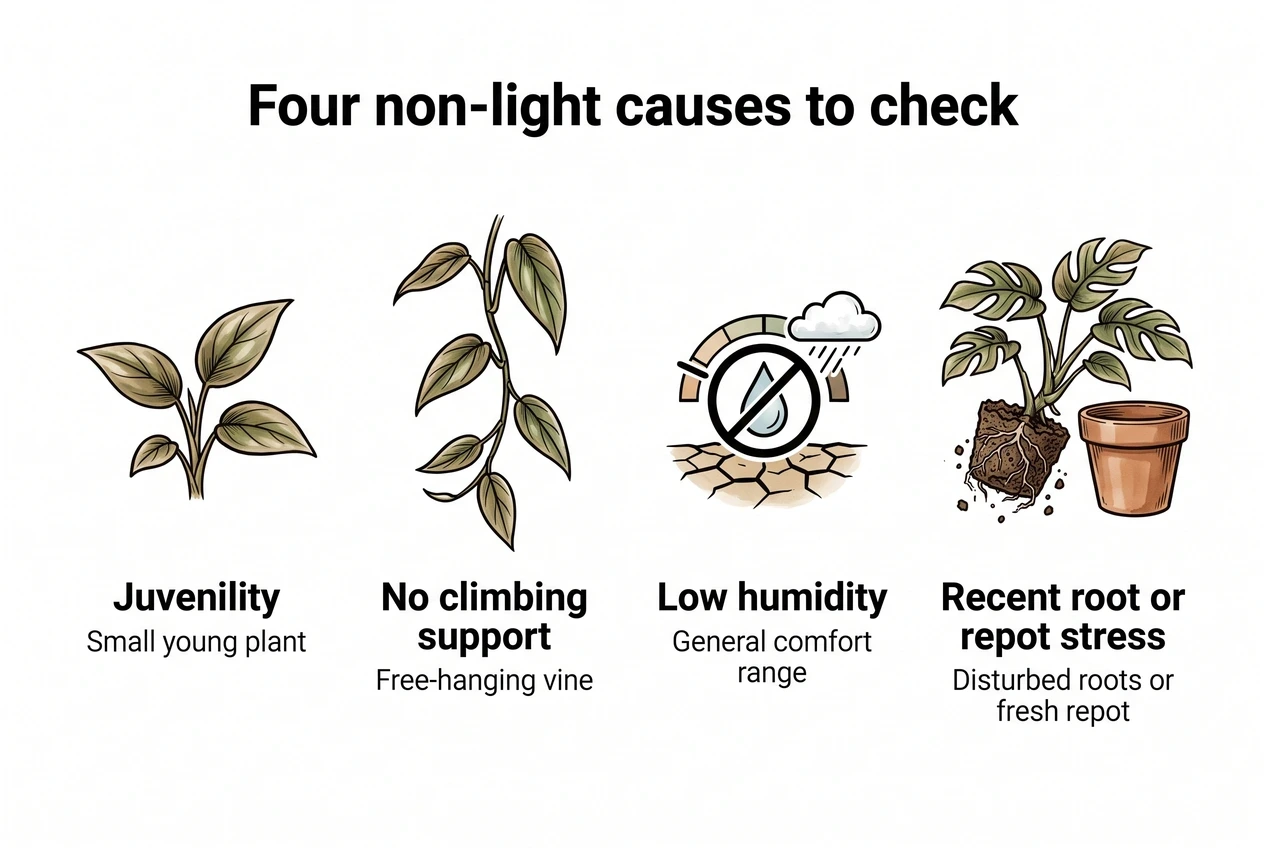 Illustration showing four non-light causes of plain leaves as labeled diagnostic icons: juvenility, no climbing support, low humidity, and recent root or repot stress