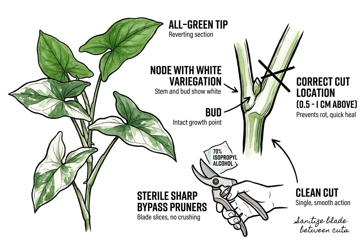 Conceptual illustration of a clean pruning cut just above a variegated node on a Syngonium stem