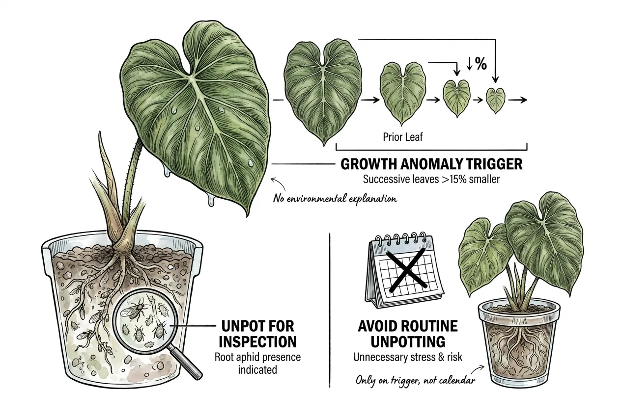 Conceptual illustration of two successive verrucosum leaves getting smaller as a warning sign.