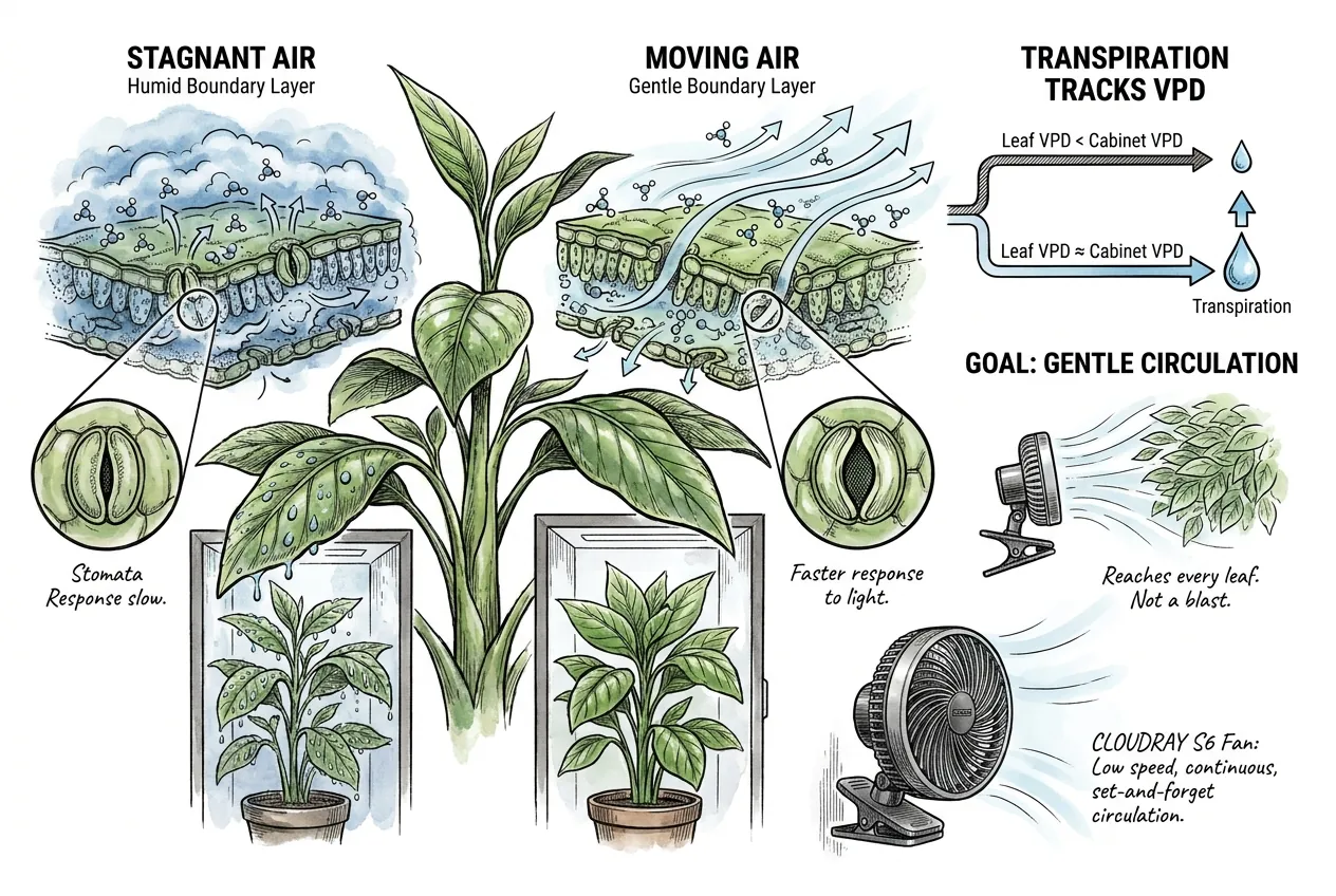 Airflow thinning the still boundary-layer film of humid air around a leaf surface
