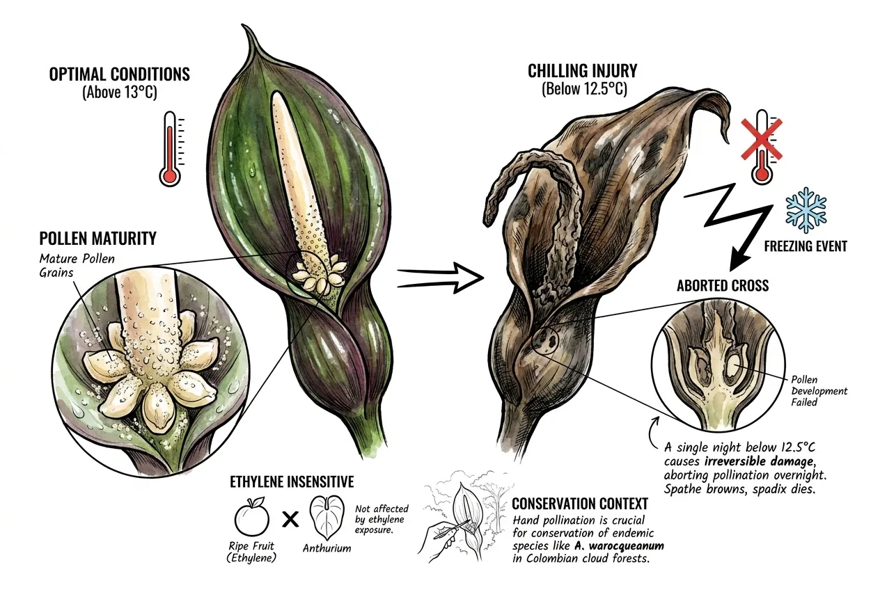 Illustration of an Anthurium spathe with marginal browning and purpling associated with cold stress