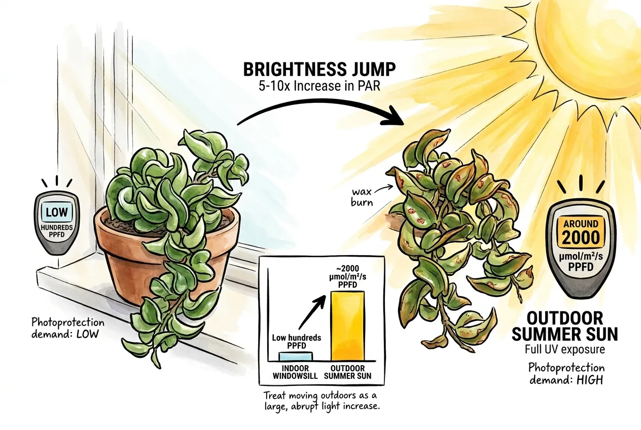 Illustration contrasting dim windowsill light with intense outdoor summer sun