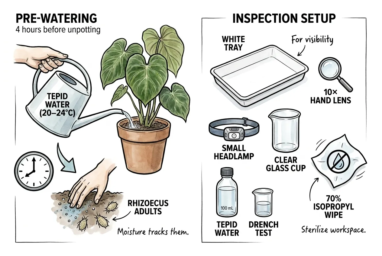 Inspection workspace with a white tray, hand lens, headlamp, and isopropyl wipes.