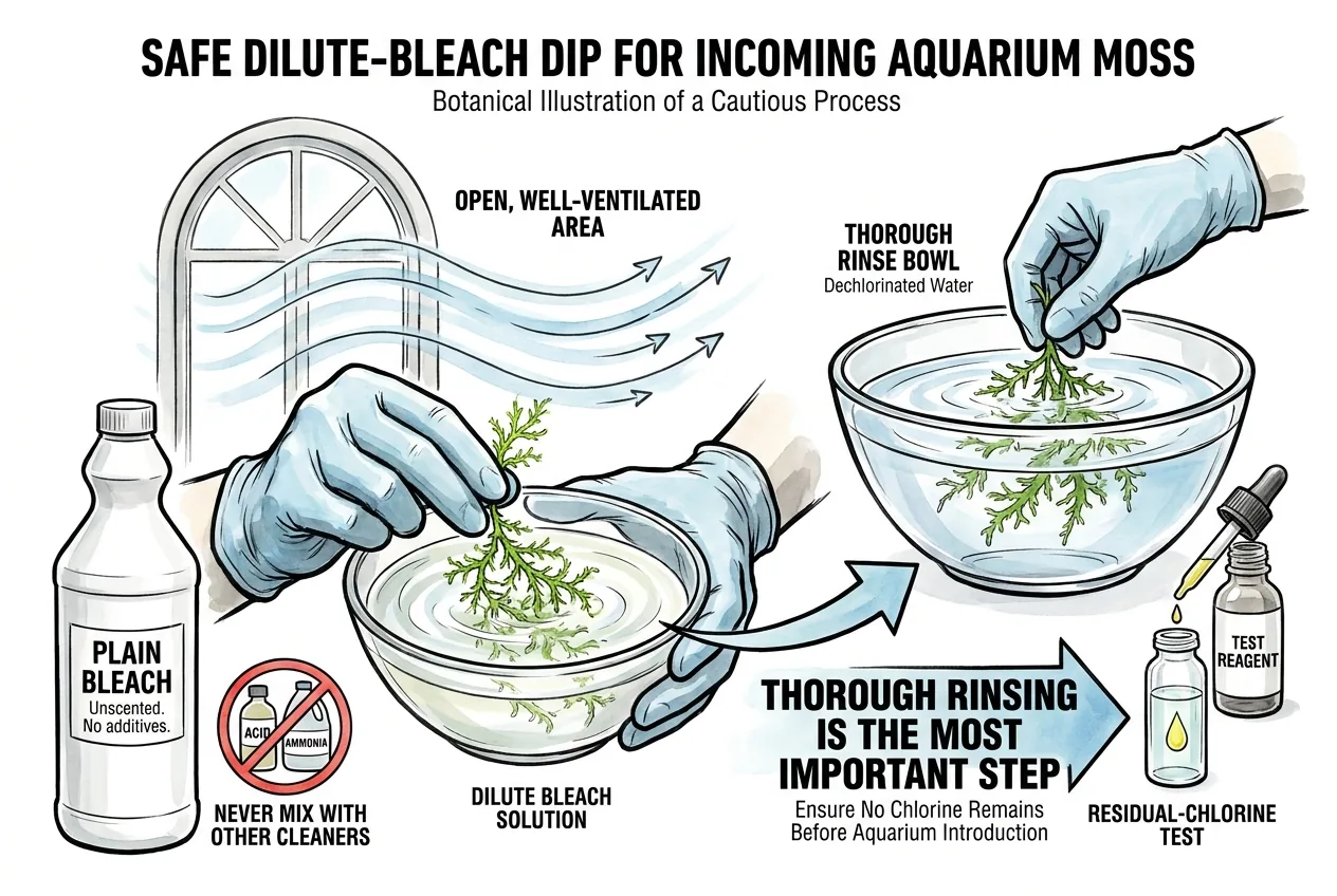 Moss soaking in a diluted bleach solution beside a timer and rinse bowl