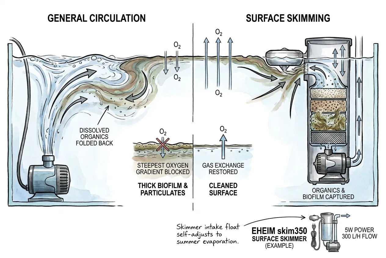 Illustration contrasting a surface skimmer pulling in the top layer with general flow folding film back into the tank