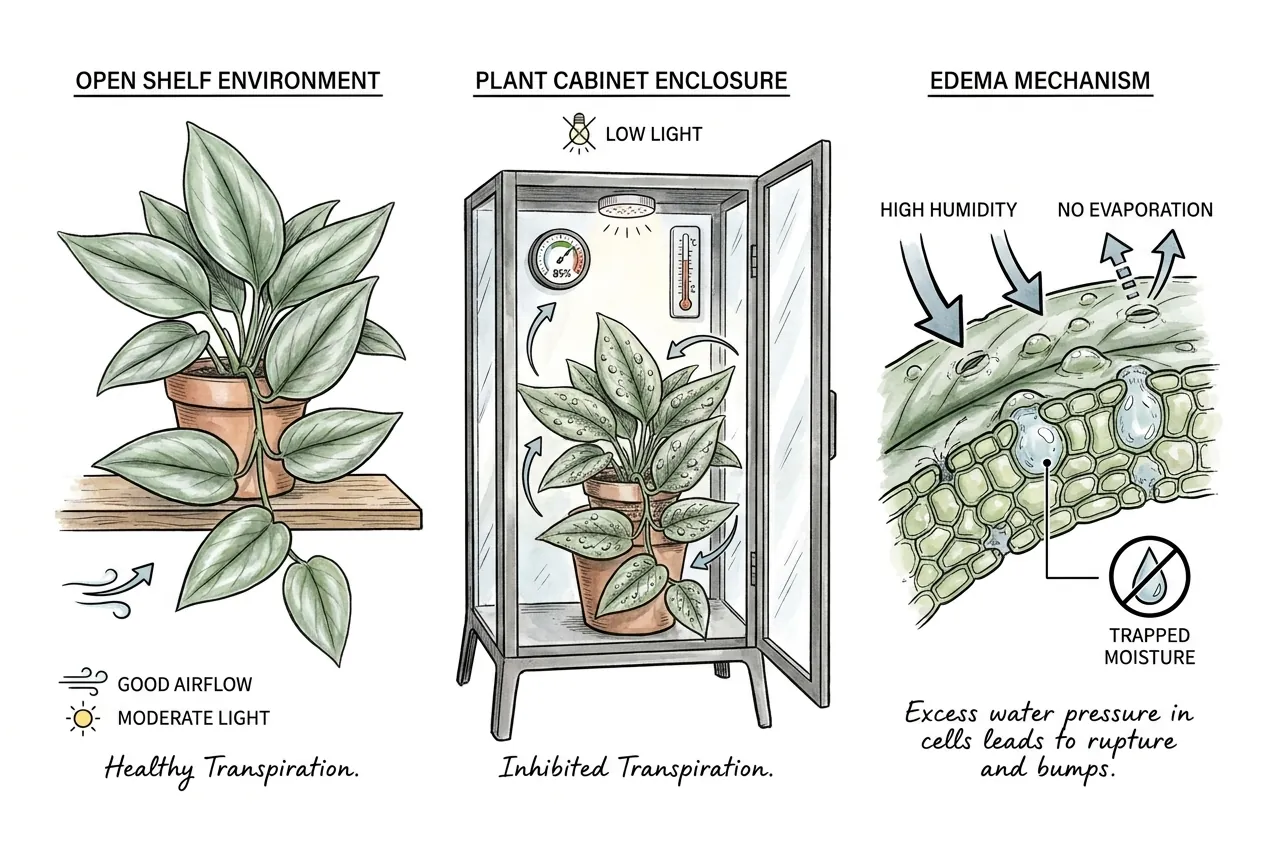 Closed plant cabinet as a miniature humid low-light greenhouse
