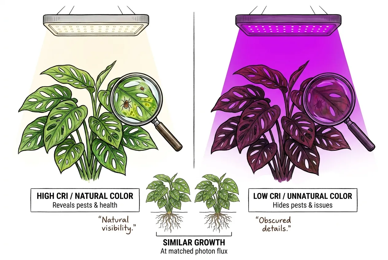 White full-spectrum light beside magenta blurple light over plant leaves