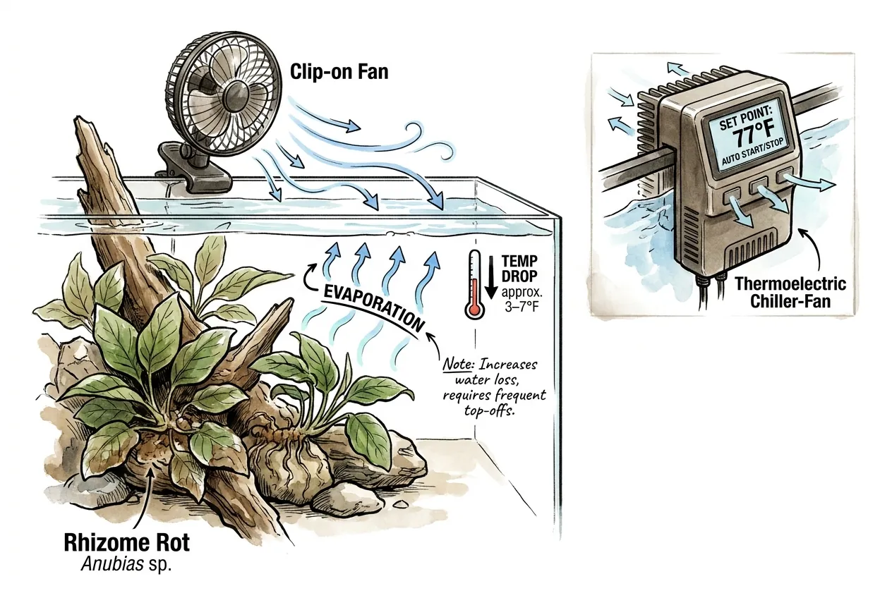 Illustration of a clip-on fan blowing across a tank surface to cool water by evaporation