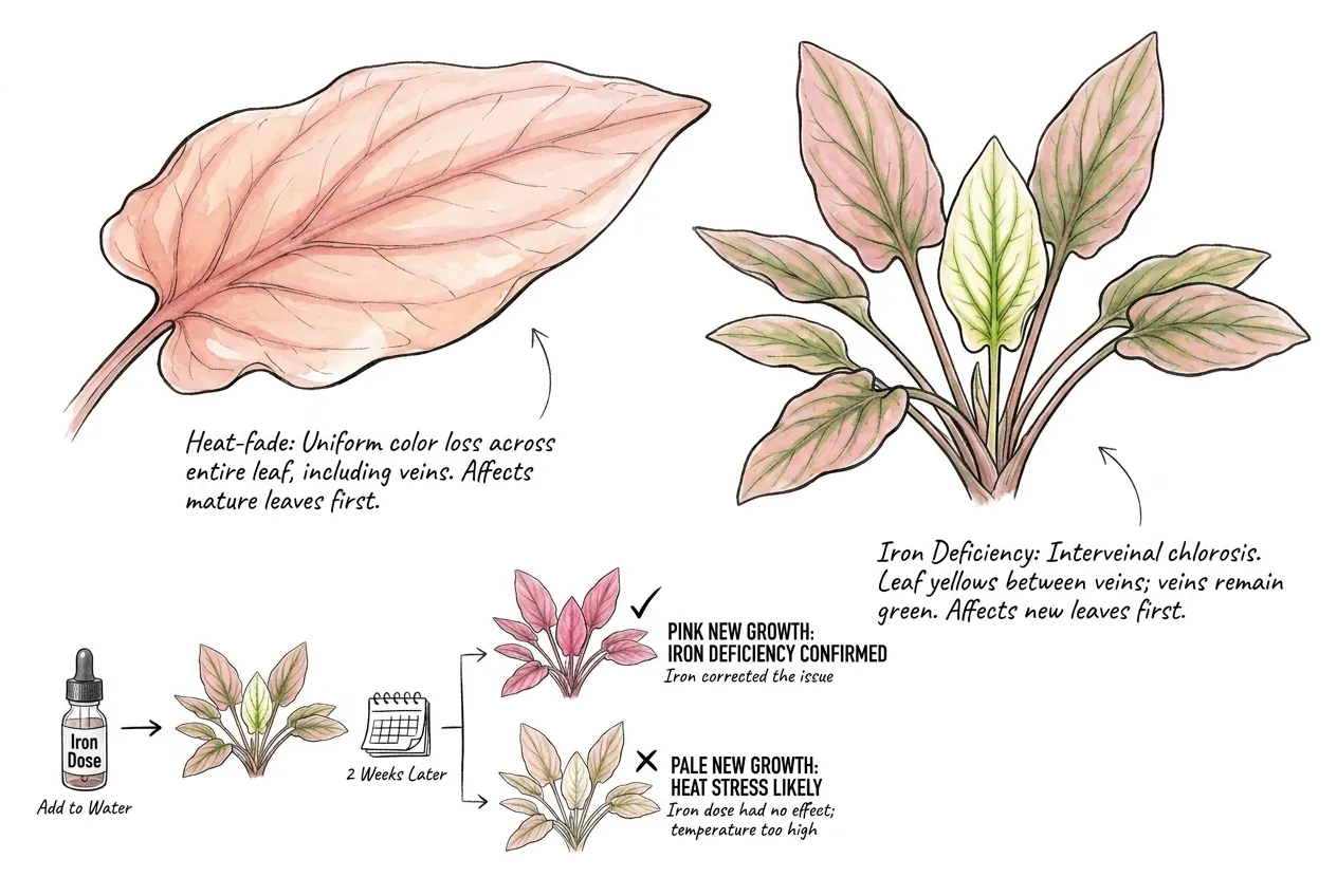 Interveinal chlorosis on iron-deficient Cryptocoryne leaf versus even fade