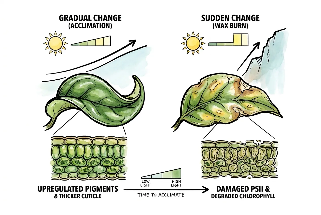 Illustration of a plant moving abruptly from shade into bright sun and scorching
