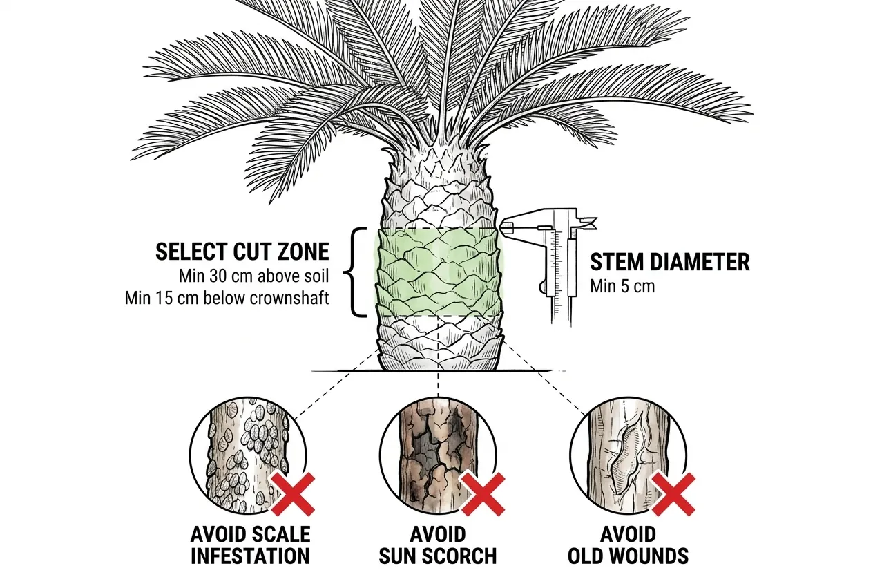 Illustration marking a cut zone on a trunked cycad above the soil line