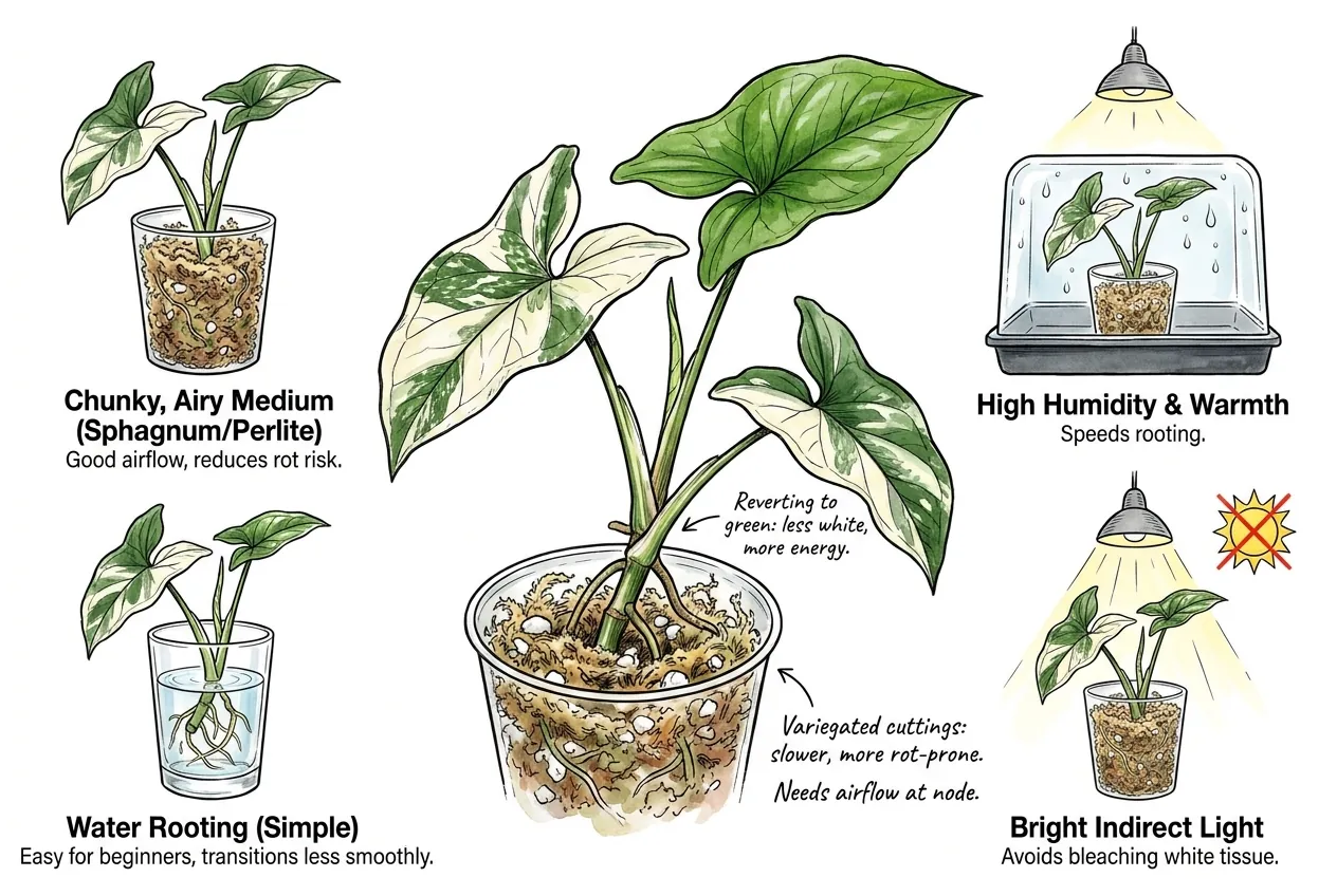 Conceptual illustration of a Syngonium cutting rooting in sphagnum moss, with perlite and water shown as alternatives