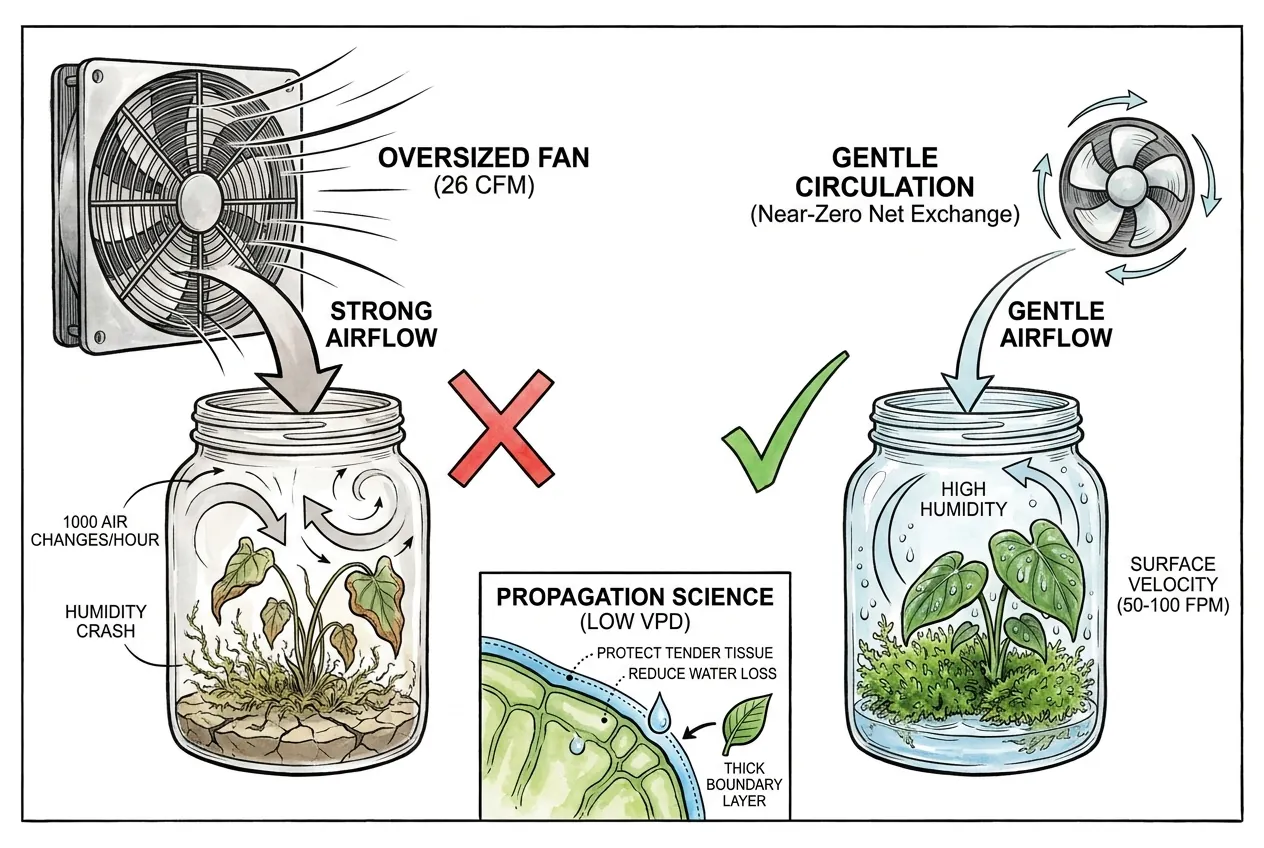 Diagram contrasting a strong fan that dries out a small jar with gentle internal circulation