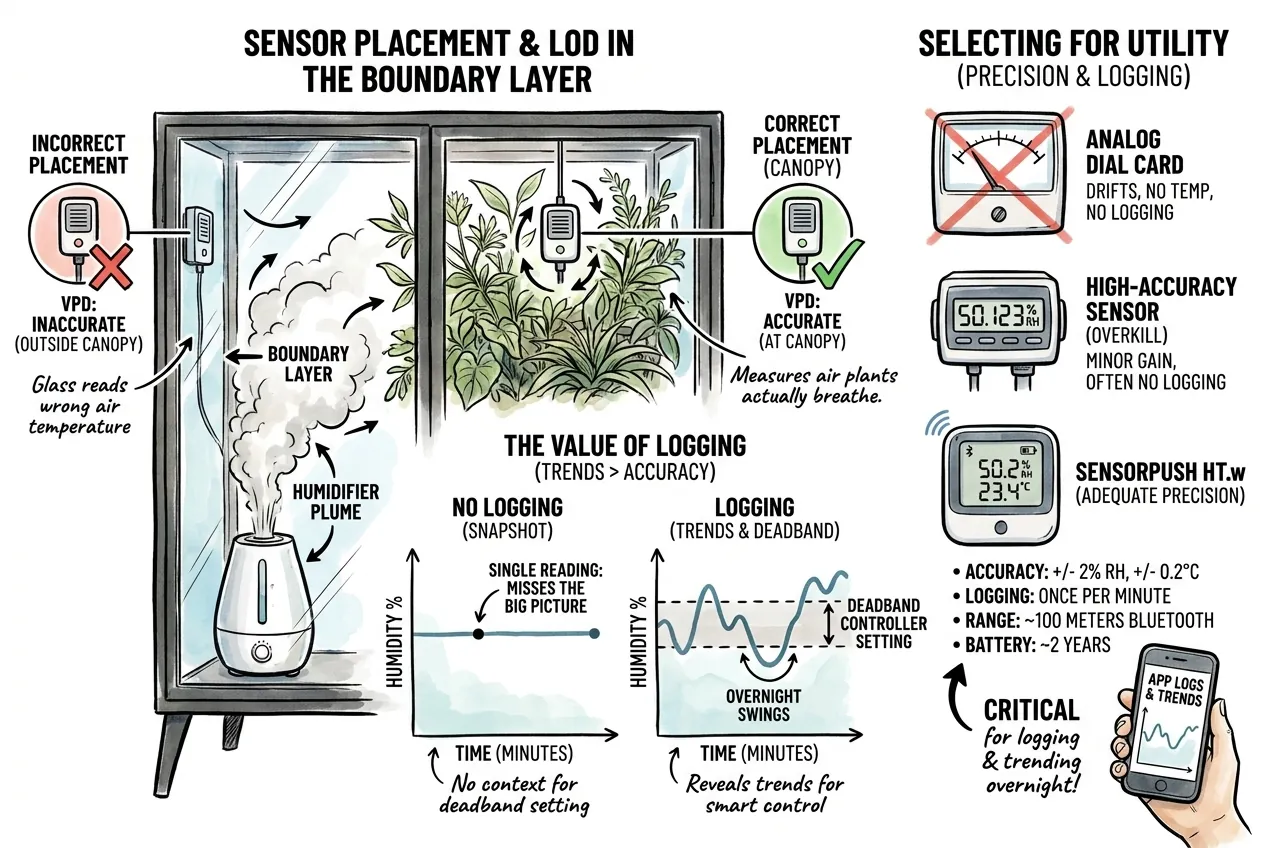 A sensor at canopy height reading different air than one placed near the glass or the humidifier plume