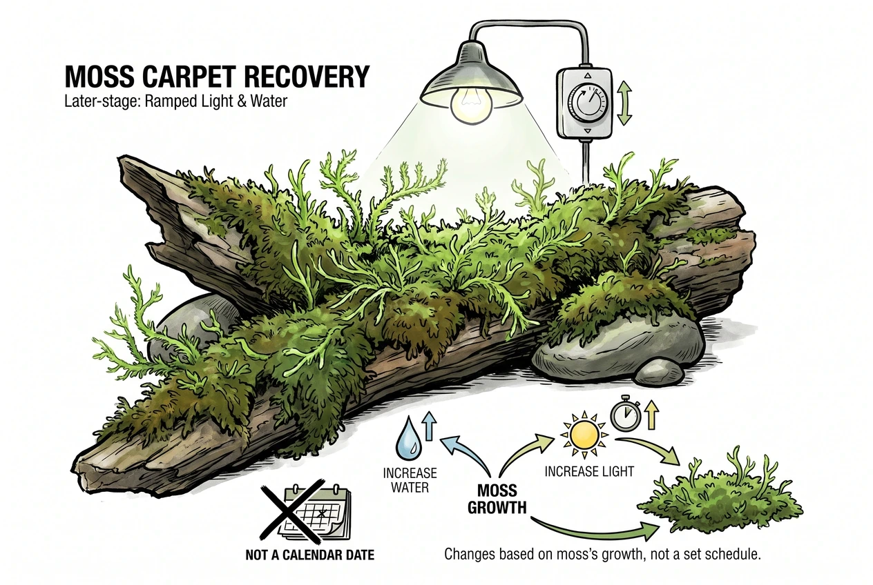 Recovering moss carpet showing fresh green new growth