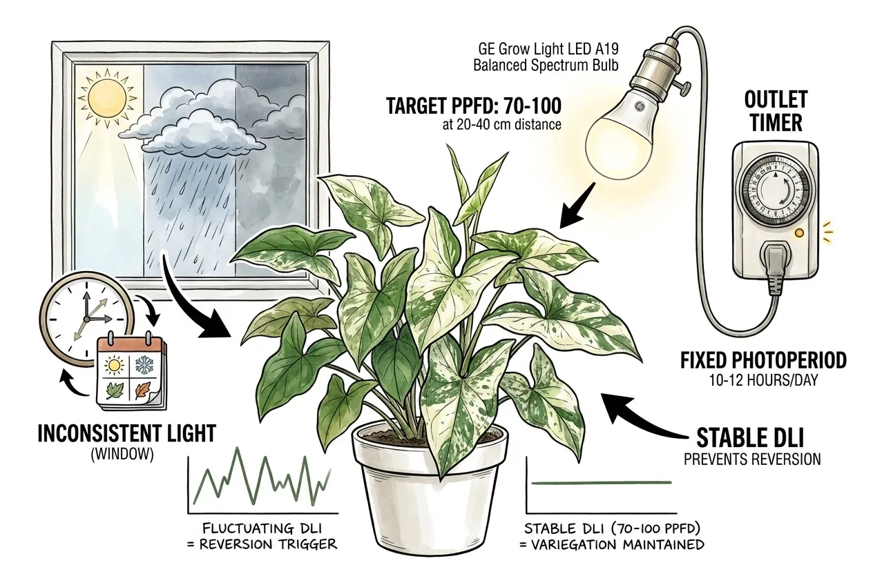 Conceptual illustration of a grow light on a timer providing a steady daily light schedule over a Syngonium