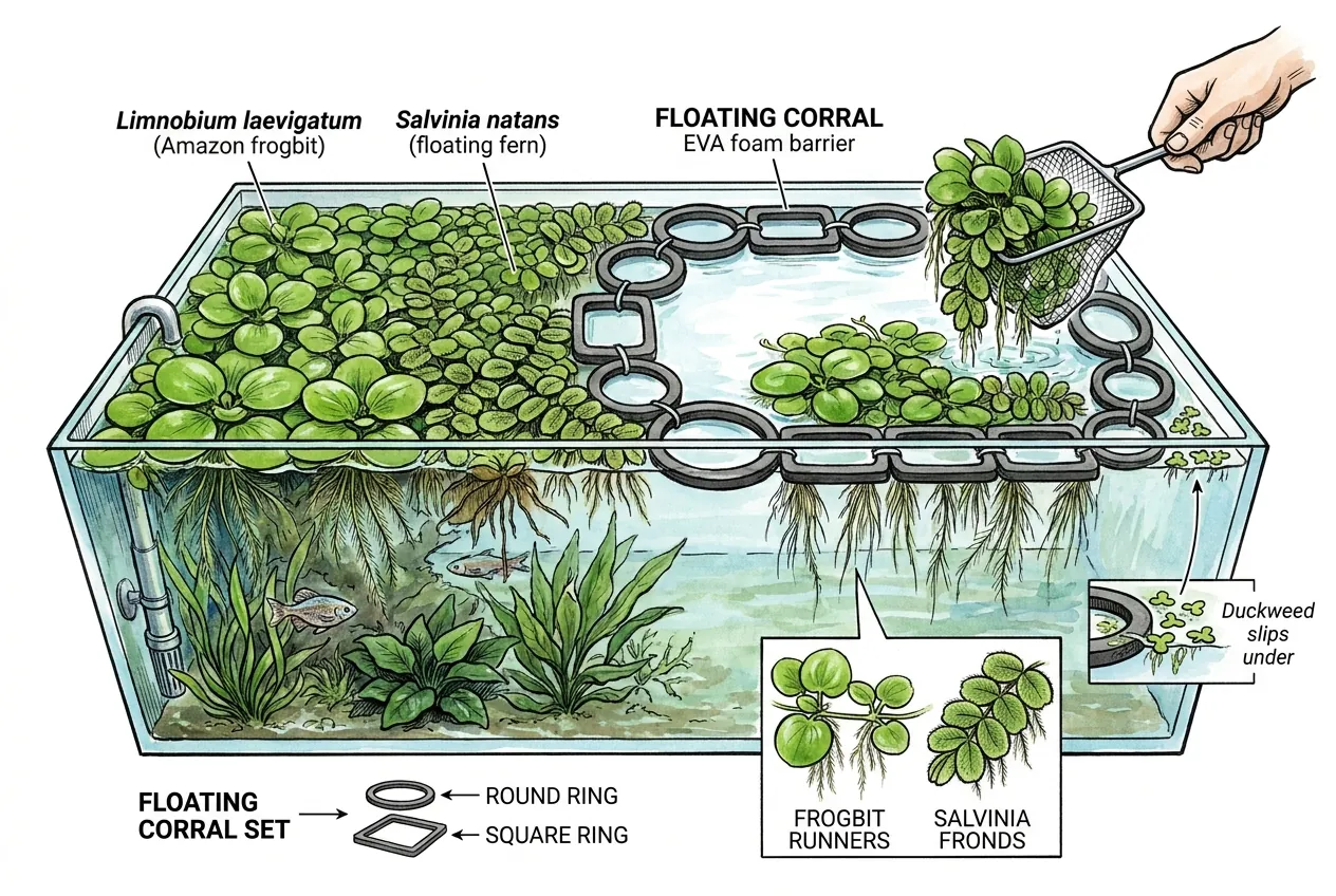 A floating ring holding frogbit in one area of the surface