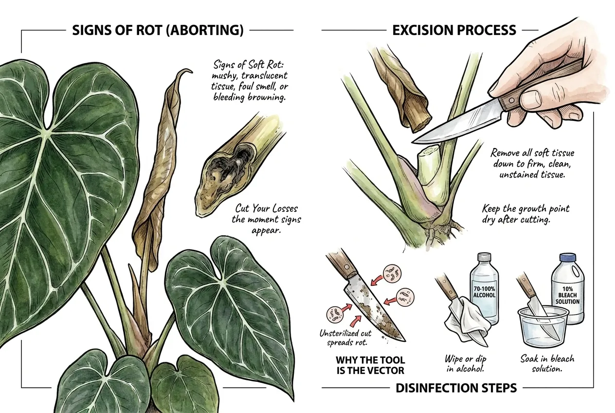 Illustration of a disinfected blade trimming soft brown rot from a clarinervium crown; educational diagram, not a step-by-step medical procedure