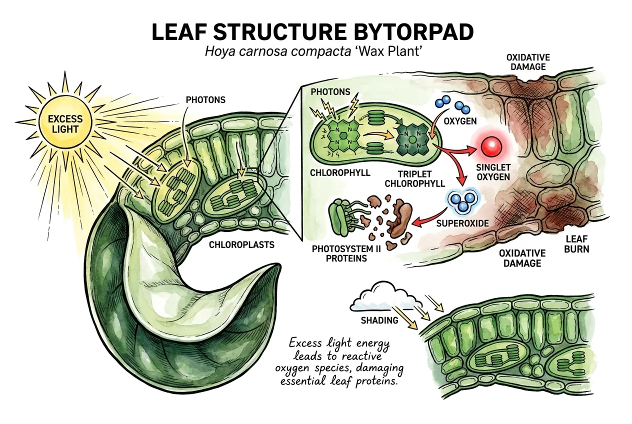 Schematic of excess light exciting chlorophyll and forming reactive oxygen in a chloroplast
