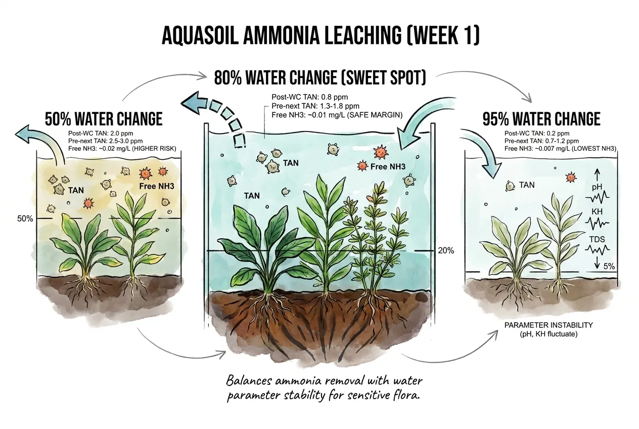 Water change volume math comparison showing residual TAN at 50, 80, 95 percent.