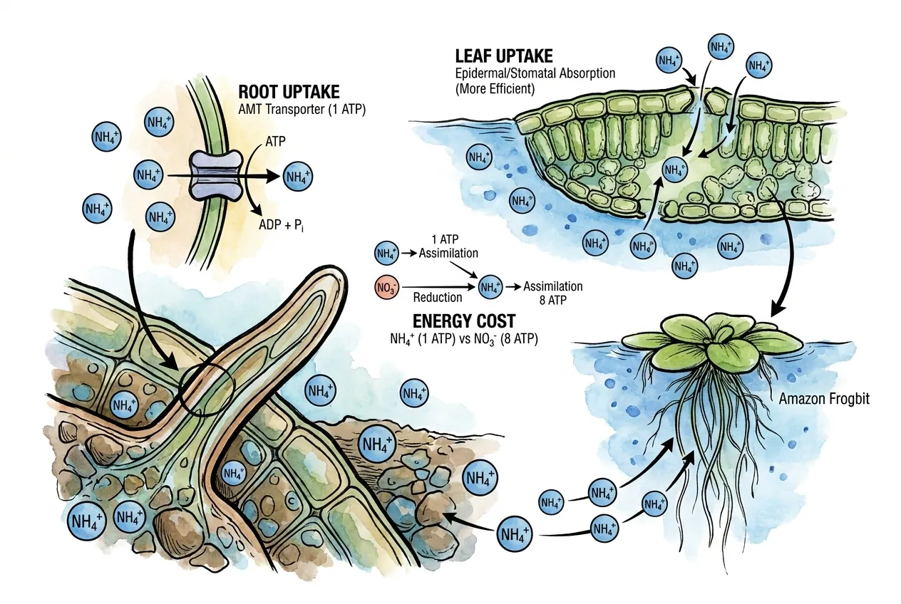 Aquatic plant root cross-section with AMT ammonium transporters at cell membrane.