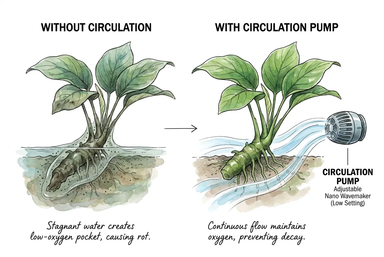 Diagram of flow from a circulation pump sweeping across an Anubias rhizome