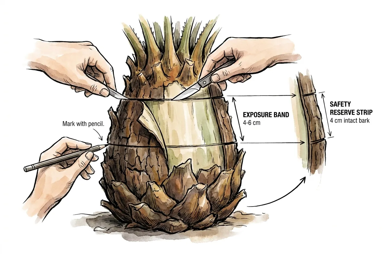 Illustration of two horizontal score lines marking a wound band on a cycad trunk