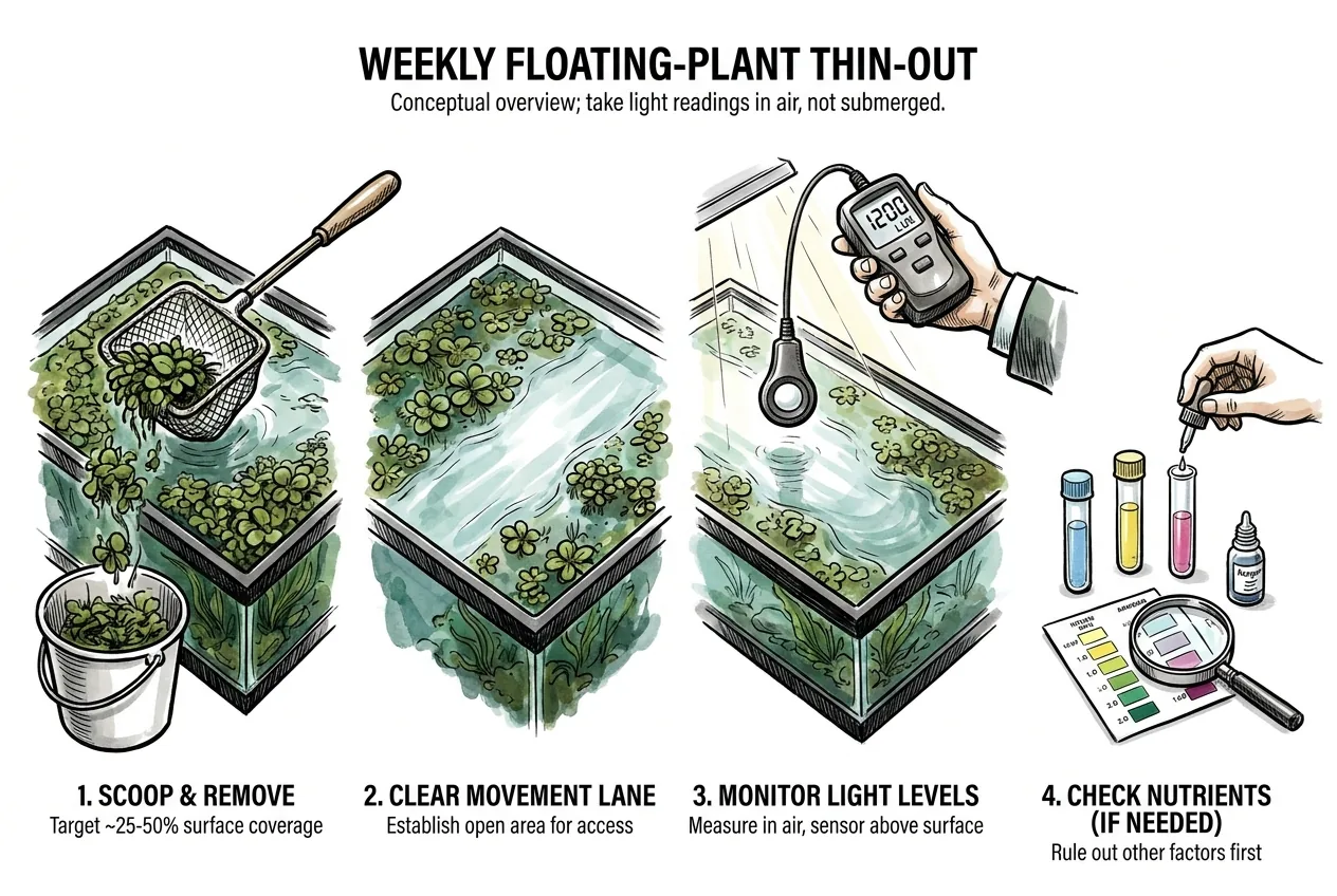 Weekly thin-out steps from scooping floaters to taking a light reading