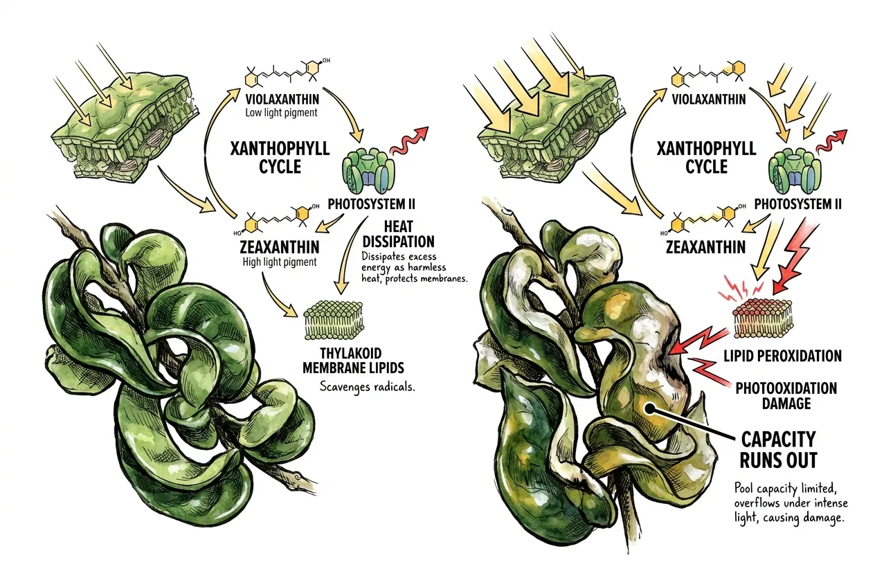 Schematic of violaxanthin converting to zeaxanthin to release excess energy as heat
