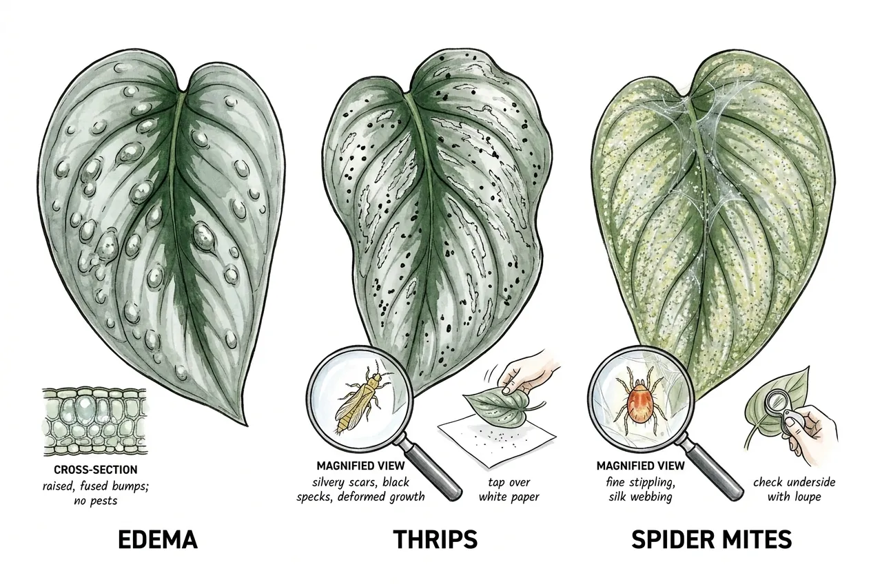 Thrips frass and mite webbing versus pest-free fused edema bumps