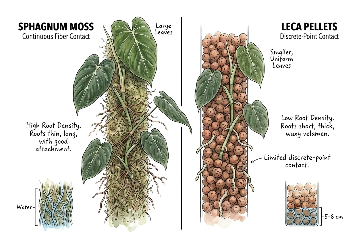 Diagram contrasting continuous fiber contact on sphagnum with discrete-point contact on spherical LECA pellets
